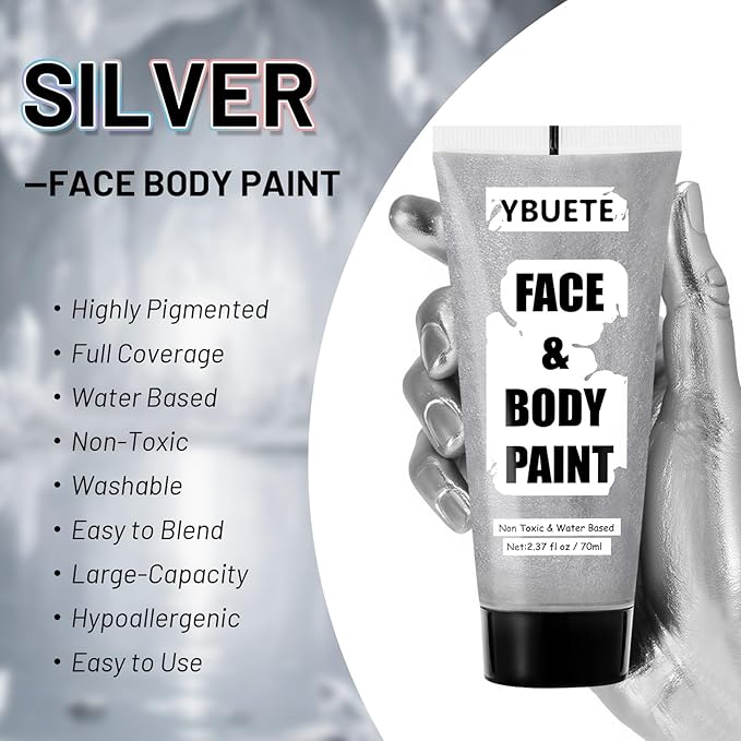 Silver Water Based Face Body Paint, 2.37 OZ Large Tube Full Coverage Face Paint for Skull Goth Cosplay, Washable Metallic Silver Body Painting Cream for Adult Carnival Halloween SFX Makeup