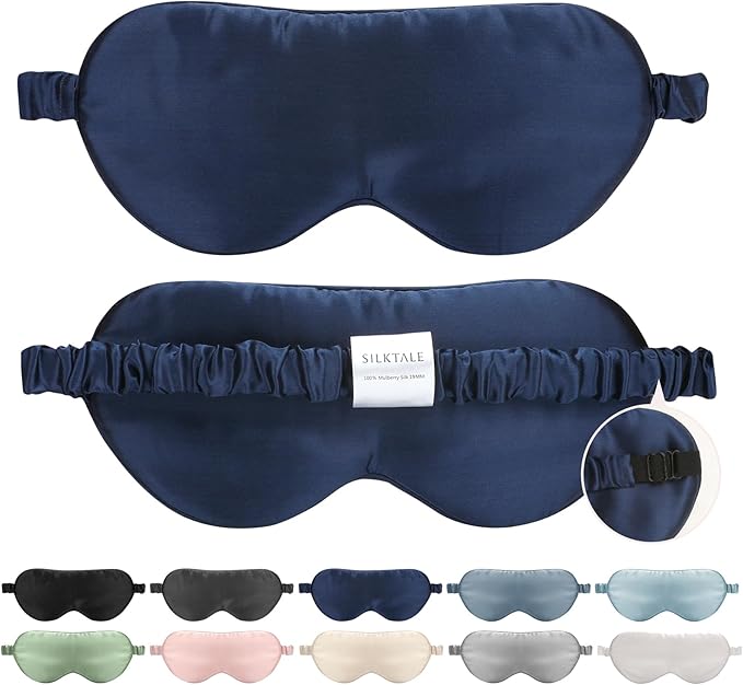 SILKTALE Mulberry Silk Blackout Adjustable Sleep Eye Mask for Men/Women Travel Plane,Navy Blue
