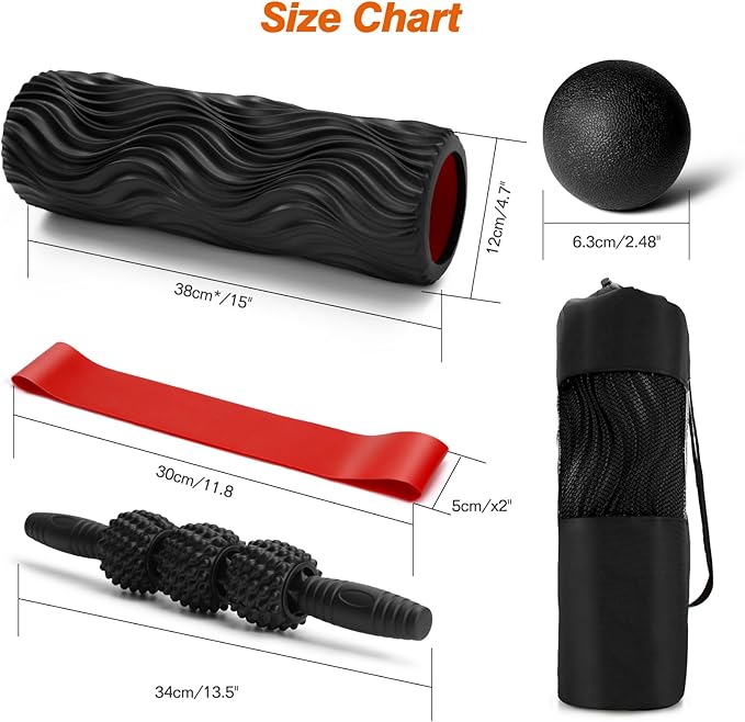 5 in 1 Foam Roller Set - Trigger Point Foam Back Roller, Muscle Roller Stick, Massage Ball, Stretching Band for Deep Muscle Massage Pilates Yoga,Fitness Exercise for Whole Body Release (Black)