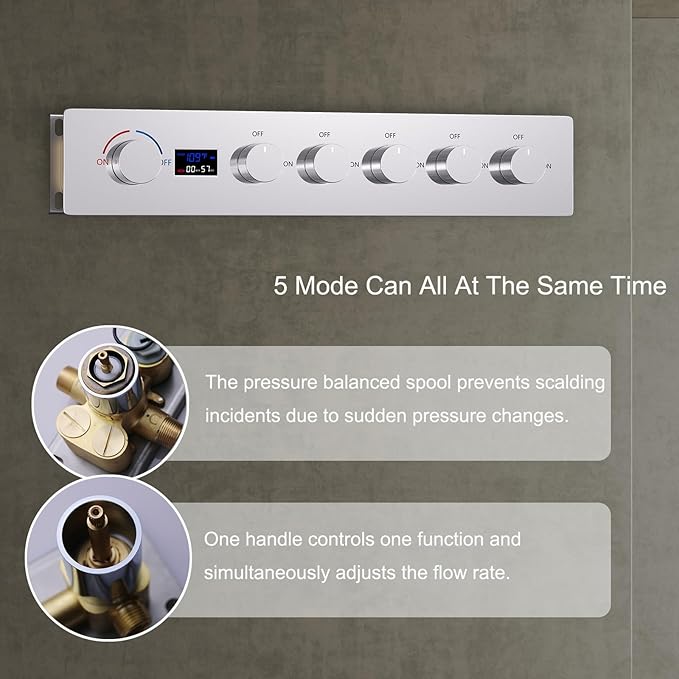 KATAIS Polished Chrome 16X24 inch Ceiling Mounted Shower Head Set(Rain&Waterfall&Mist 3 Modes), Digital Display Shower System with 6 PCS Body Jet and Handheld Spray