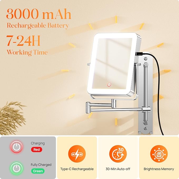 Gospire Height Adjustable Wall Mounted Lighted Makeup Mirror with Hooks, 3000mAh Rechargeable with 1X/10X Magnification, 3 Light Colors and Stepless Dimming for Bathroom