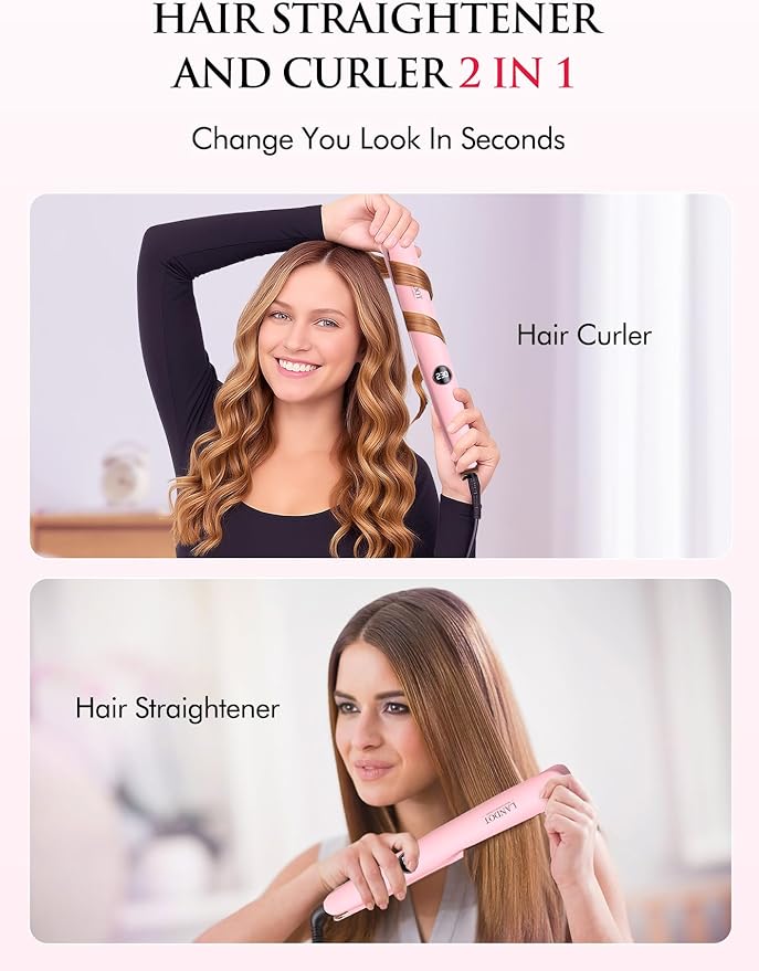 LANDOT 2-in-1 Hair Straightener and Curler - Twist Flat Curling Iron for Sleek Straight, Bouncy Curls, Beach Waves, Tourmaline Ceramic, Dual Voltage Adjust Temp 250-450°F All Hair Types, Color Pink