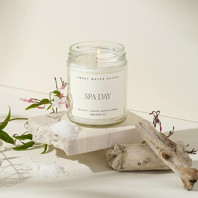 Sweet Water Decor Spa Day Soy Candle - Sea Salt, Jasmine, Wood and Cream Scented Spring Candles for Home - 9oz Clear Jar + Gold Lid, 40+ Hour Burn Time, Made in The USA