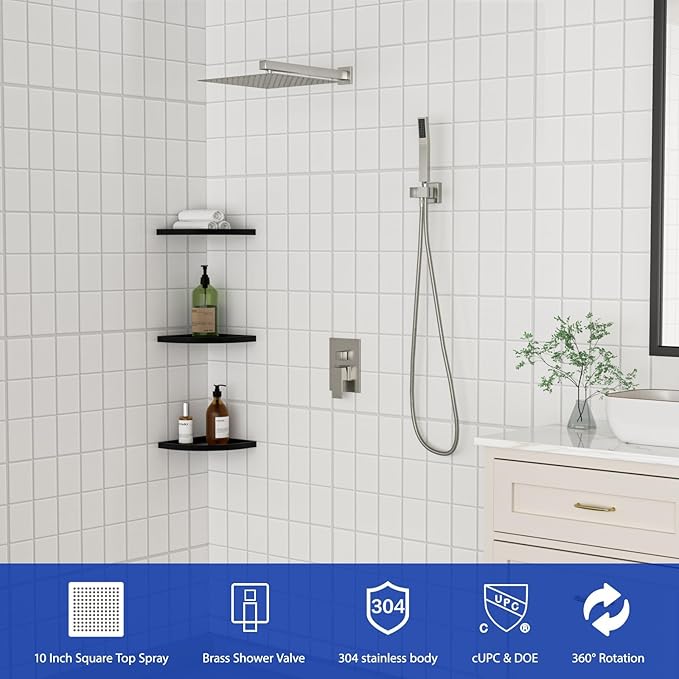 Dcolora 10 In. Rainfall Shower System with Handheld, Brushed Nickel Shower Faucet Set for Bathroom, Brass Valve, 304 Stainless Steel, Anti-Scald cUPC Certified (Brushed Nickel, 10 Inch)