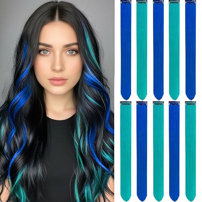Colored Hair Extensions 10 PCS, Teal and Blue Clip in Hair Extensions Party Highlights, Colorful Synthetic Hairpieces for Girls Women Kids Gifts Blue Teal Hair Accessories(22 In)