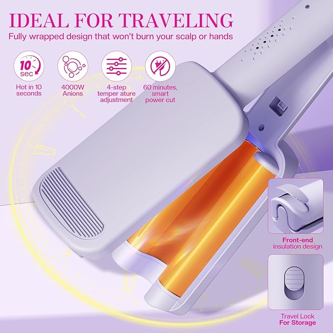 Waver Curling Iron Hair Crimper 1.25 Inch Crimper Hairs Tool with Ceramic 3 Barrel Ionic Deep Hair Waver for Women Hairs Curler for Long & Short, Easy to Use, Dual Voltage, Anti-Scald (Purple)