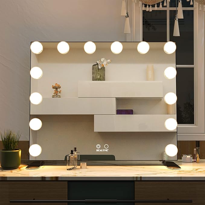 BEAUTME Vanity Mirror with Lights, Lighted Makeup Mirror with 14 Dimmer Bulbs, 2 Color Lighting Mode, Touch Control, Tabletop or Wall Mounted for Bedroom,Dressing Room,Balck 23.6" X 20"