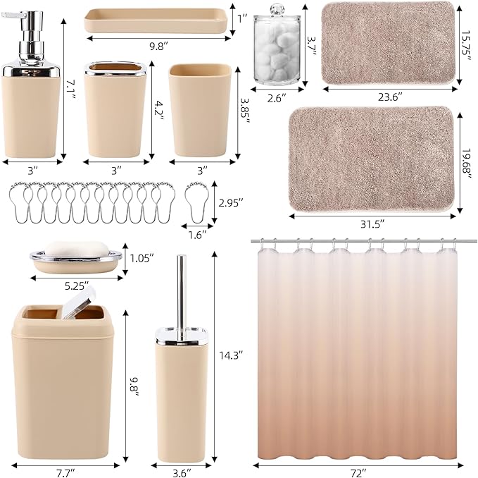 XLHOMO Bathroom Accessory Set–Bathroom Sets with Shower Curtain and Rugs, No Slip Bathroom Rugs Super Absorbent, Beige Ombre Water-proof Shower Curtain with Hooks, Pink Bathroom Sets Complete for Home
