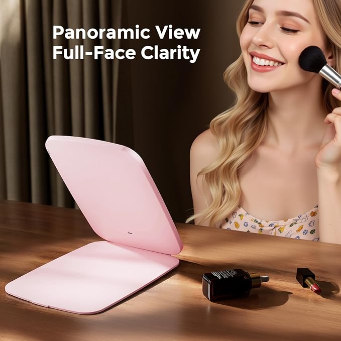 Rechargeable Folding Makeup Mirror with LED Lights, 10" x 7" Large View, 3 Lighting Modes, 2000mAh Battery & Magnetic Closure for Home & Travel (Pink)