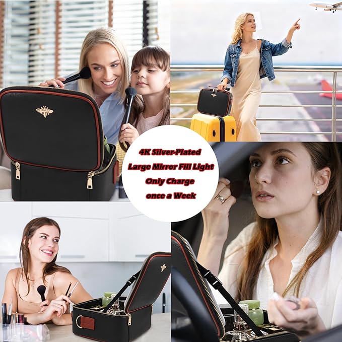 GIUWESOY Travel Makeup Bag with Light Up Mirror, Portable Makeup Bag with Led Light Women Waterproof Makeup Travel Case adjustable dividers Rechargeable Vanity Mirror with 3 Color Lights (Black)