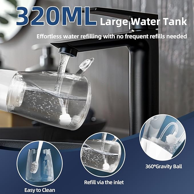 Water Dental Flosser Pick for Teeth Portable Oral Irrigator Rechargeable Travel Irrigation Cleaner 320ML Electric Flossing, IPX8 Waterproof, Waterproof Flossing Cleaning Picks for Home Travel (White)
