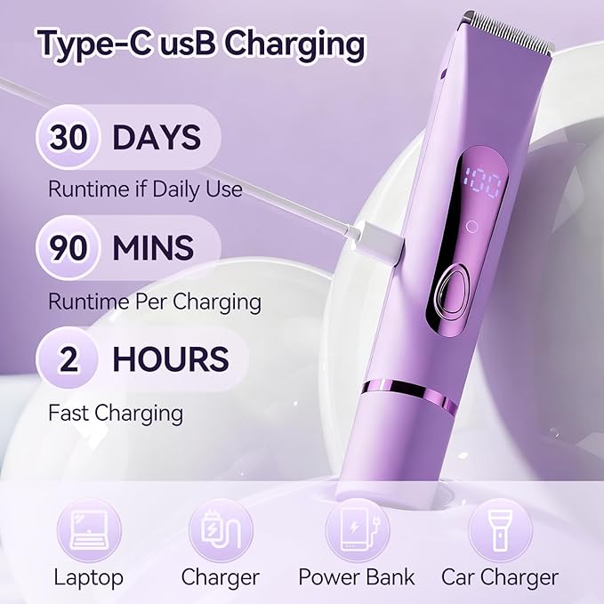 Bikini Trimmer for Women Electric–Double Head Dual Purpose, Ceramic Blade,IPX7 Waterproof,LCD Power Display,USB Rechargeable,Wet/Dry Painless Hair Removal for Face & Body (Violet)