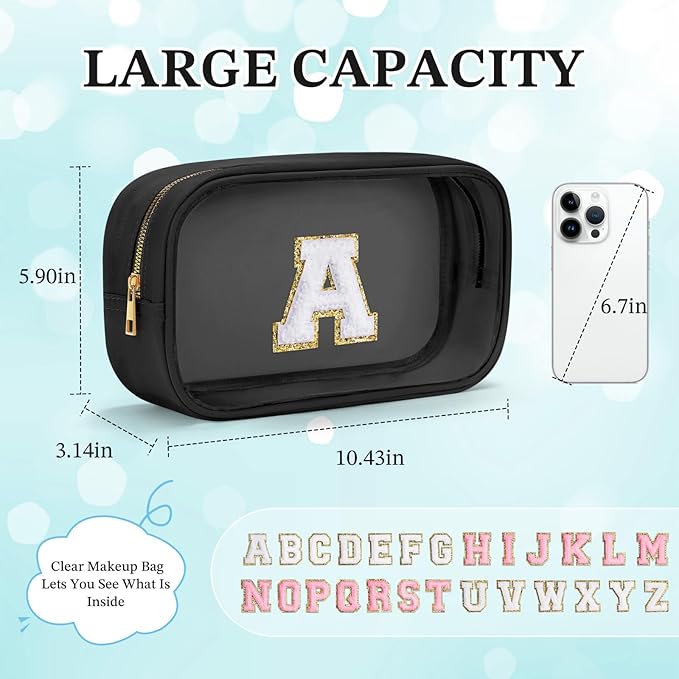 YOOLIFE Initial Travel Essentials Makeup Bag, Skin Care Clear Toiletry Bag Pouch Cosmetic Bag Case Large Makeup Bag Personalized Birthday Gifts for Women Valentines Gifts for Her Wife Black J