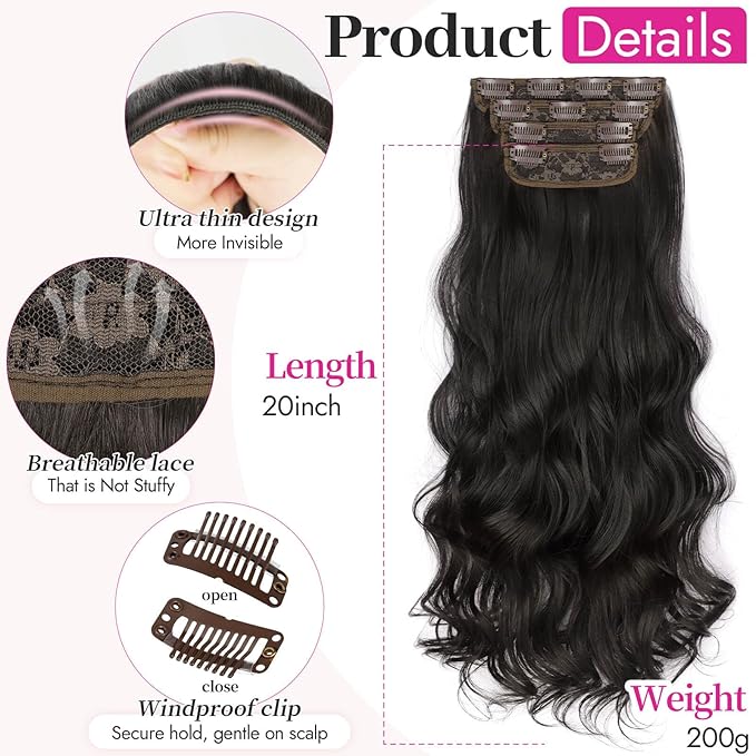 Kookastyle Clip in Hair Extensions, Natural Long Layered Soft Invisible Synthetic Curly Wavy Hairpieces for Women,4 pcs(20 Inch,Rich Dark Brown Silky Shine)