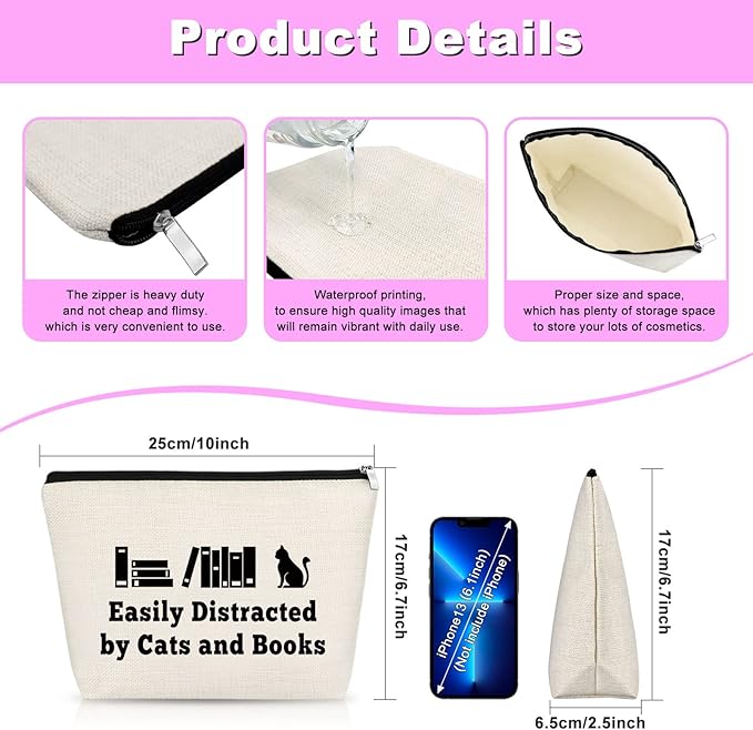 Cat Lover Gifts Book Lover Gift for Women Makeup Bag Cat Mom Gift Cat Bookworm Themed Cosmetic Bag Birthday Gift for Girls Library Worker Gift Valentines Day Graduation Gift Travel Cosmetic Pouch