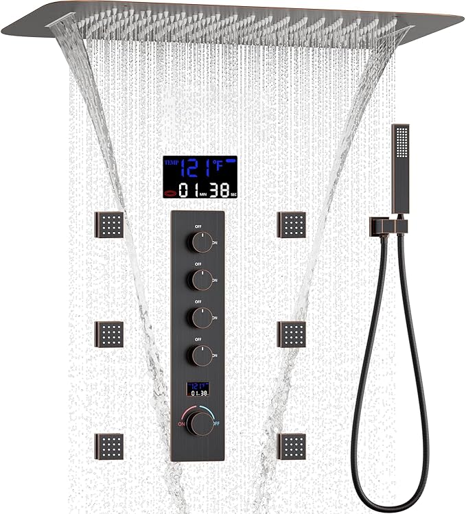 AYIVG Oil Rubbed Bronze Thermostatic Rainfall Full Body Shower System With 2 In 1 Waterfall Rainfall Ceiling Mount 16 X 24 Inch Rain Shower Head 6 Jets Temperature Display Shower Faucet Set