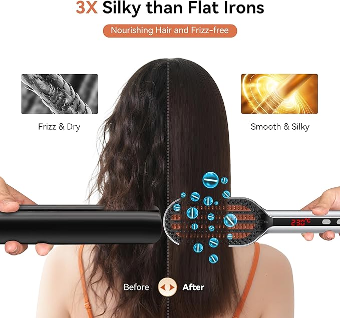 Upgraded Ionic Hair Straightener Brush for Women, Compact Wave-Design Bristles Hot Comb, Fast & Smooth Styling, Lightweight Double Voltage 120-240V Flat Iron Brush for Travel, Orange-Silver