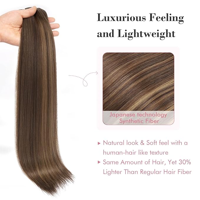 REECHO Clip in Hair Extensions, Hair Extensions Thick Long Lace Weft Lightweight Synthetic Hairpieces for Women (24 Inch-240 Gram(Pack of 5), Medium Brown with Blonde Highlights)