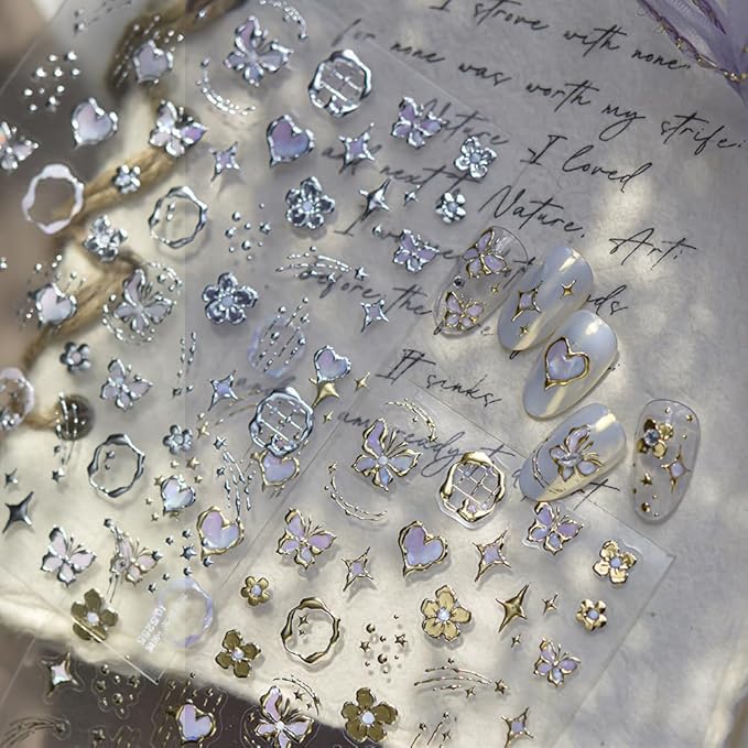 2 Sheets Flower Nail Stickers for Nail Art Silver Gold Spring Nail Art Stickers Bohemian Style Design 5D Embossed Butterfly Nail Decals Star Heart Nail Art Supplies for Women Gilrls