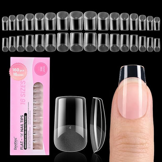 Beetles Gel Nail Tips Flat-X - Square Short, 160pcs 16 Sizes, Pre-Etched Half Matte Full Cover Soft Acrylic False Nail Tips Clear Press on Easy DIY Extension Salon for Flat & Natural Nail Beds