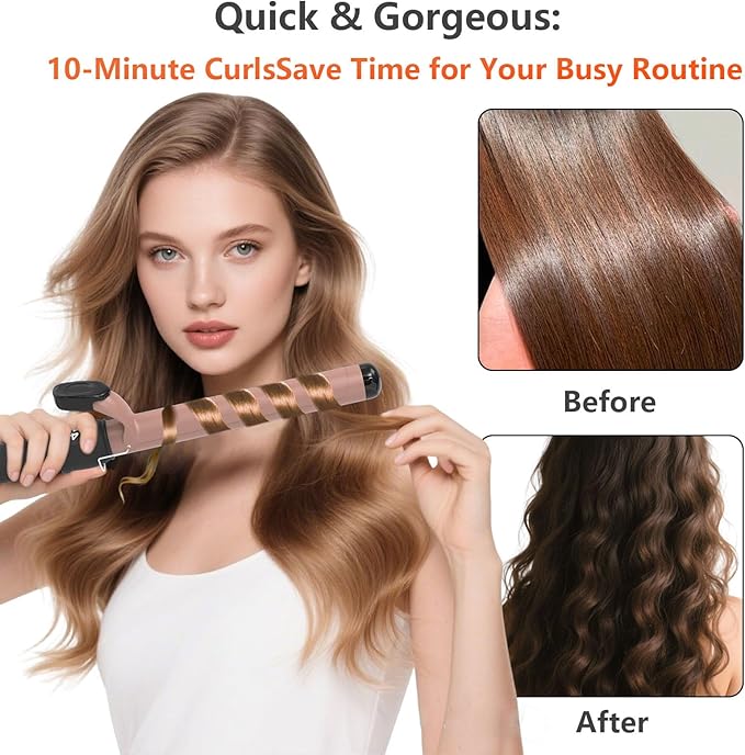 1-1/4 Inch Curling Iron - Ceramic Curling Iron, Fast Heat Function LCD Display 180°F-450°F Adjustable, Long Lasting Beach Waves, Dual Voltage Curler, Heat Resistant, Rose Gold