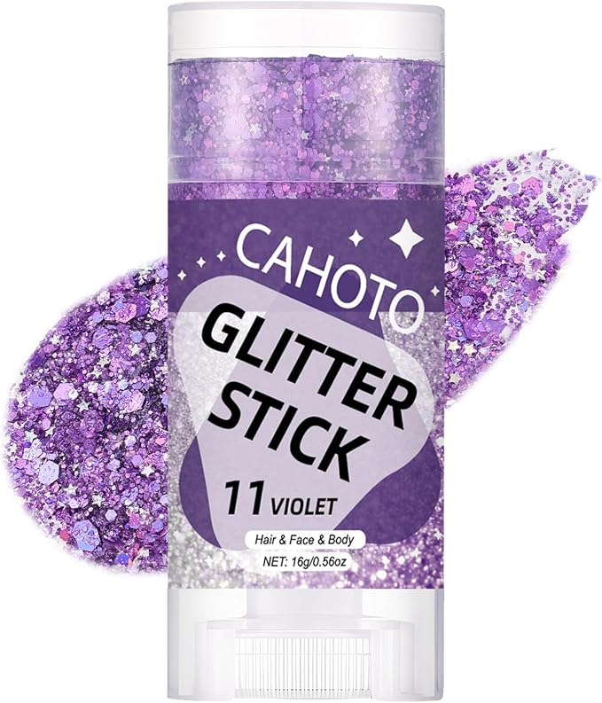 Violet Face Body & Hair Glitter Stick for Singer Concerts Outfit, Purple Shimmer Stick Gel for Women, Sparkling Holographic Chunky Sequins for Halloween Rave Festival Carnival Mermaid, 0.56oz