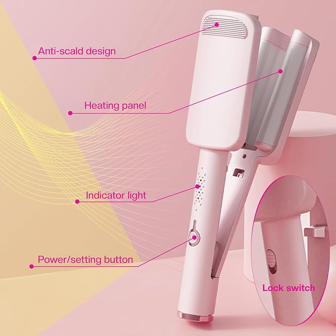 Waver Curling Iron Hair Crimper 1.25 Inch Crimper Hairs Tool with Ceramic 3 Barrel Ionic Deep Hair Waver for Women Hairs Curler for Long & Short, Easy to Use, Dual Voltage, Anti-Scald (Pink)