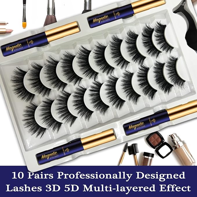 3D Magnetic Eyelashes Cat-Eye Magnetic Lashes with 4 Tubes of Magnetic Eyeliner, Reusable, Waterproof, Cruelty-Free, Black, Faux Mink, 10 Pairs