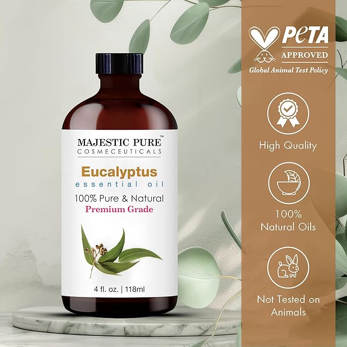 Majestic Pure Essential Oil with Glass Dropper - 100% Pure and Natural - Essential Oils for Diffuser, Aromatherapy, Soap and Candle Making, Eucalyptus Essential Oil, Eucalyptus Oil, 4 Fl Oz
