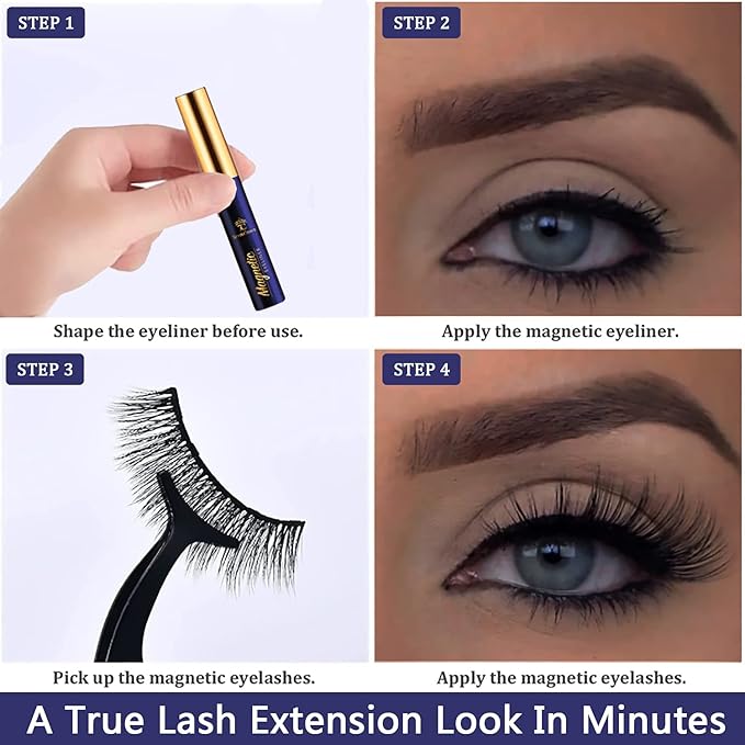 3D Magnetic Eyelashes Cat-Eye Magnetic Lashes with 4 Tubes of Magnetic Eyeliner, Reusable, Waterproof, Cruelty-Free, Black, Faux Mink, 10 Pairs