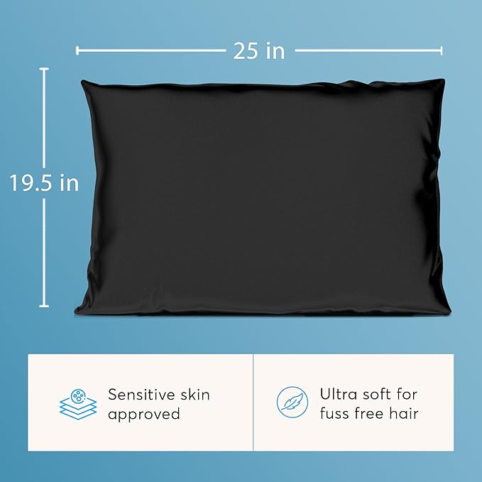 Silver Mirror Silk Sleep Essentials Set in Black: Pillowcase and Eye Mask, 25" x 19.5" Fits Standard Queen Pillow, 22mm 6A Grade, for Gentle Sleep, Anti-Breakage, Tangles, Creases, and Wrinkles