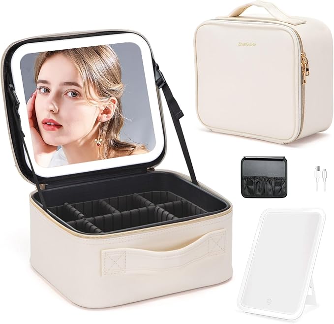 Gdsshuhung Makeup Bag with Mirror | Partitionable Professional Makeup Organizer | Large Travel Makeup Bag for Women | Cosmetic Case for Daily & On-the-Go Use (Ivory)