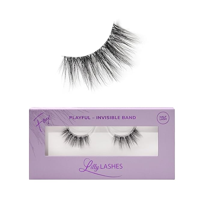 Lilly Lashes Sheer Band, False Eyelashes w/Invisible Band Lashes, Half Lashes Natural Look, Half Lash Cateye Style, Clear Band Lashes, Reusable Eyelashes 20x, Lash Glue not Included, 13mm (Playful)