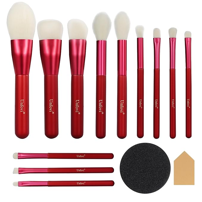 Unfovi 14-Piece Daily Makeup Brush Set - Essential Cosmetic Brushes Kit for Foundation, Concealer, Eyeshadow & Powder Blush, Professional Face Blending Brushes Kit for Women(Red)