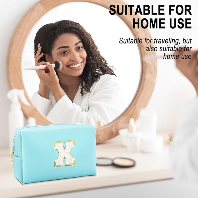URSKYTOUS Gifts for Girls Initial Makeup Bag Personalized Cosmetic Bag with Zipper Cute Travel Toiletry Bag Waterproof PU Preppy Makeup Pouch Birthday Gift for Teen Girls Women(Blue X)