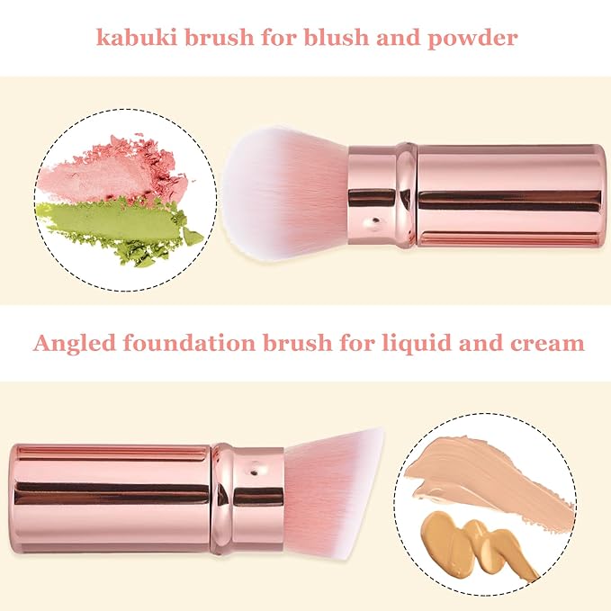 Keriloo Retractable Makeup Brush 2 Pack, Travel Kabuki Powder Makeup Brush, Foundation Face Blush Brushes for Blending Liquid, Blush, Bronzer, Buffing, Sunscreen,Flawless Cosmetics