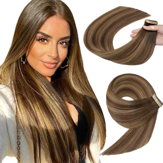 Human Hair Tape in Extensions Chocolate Brown Mixed Honey Blonde 22 Inch 20pcs Tape in Hair Extensions Human Hair Sided Remy Invisible Tape in Hair Extensions Human Hair (4/4/27#,22 Inch)