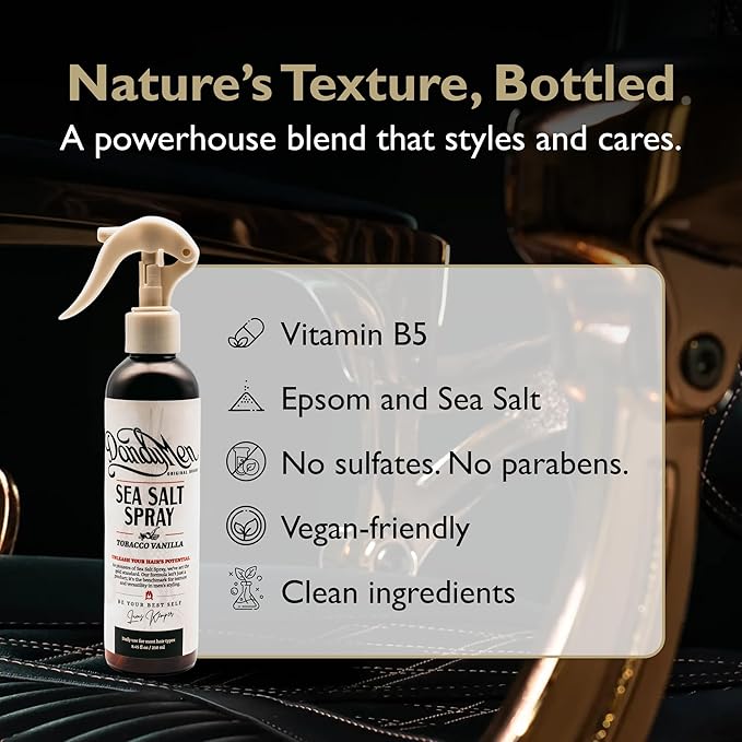 DandyMen Sea Salt Spray for Men – Lightweight Texture, Volume, and Flexible Hold Hair Texture Spray with Epsom Salt & Pro-Vitamin B5 (8.45 oz, Tobacco Vanilla)