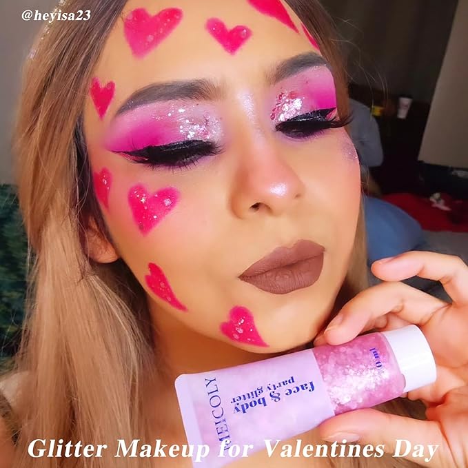 MEICOLY Pink Face Body Glitter,Holographic Sparkly Hair Glitter,Pink Accessories for Spirit Week,Singer Concerts Lover Heart Halloween Glitter Makeup,Self-Adhesive Mermaid Glitter Face Paint