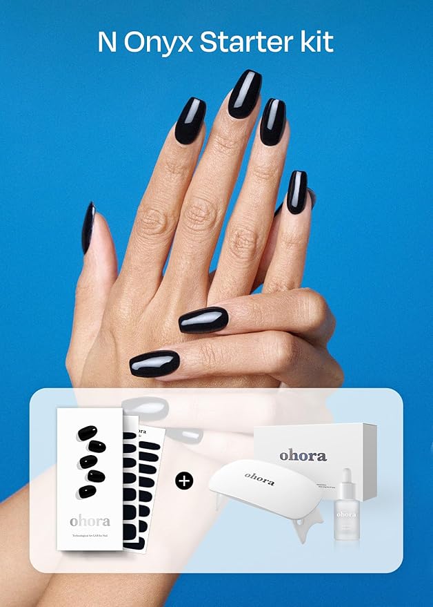 ohora Semi-Cured Gel Nail Strips Value Set (N Onyx Starter Kit) Includes Full Size Lamp and Mini Remover, Salon-Quality, Long Lasting, Easy to Apply & Remove