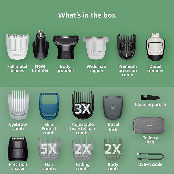 Philips Norelco All-in-One 9000 Series 25-Piece Trimmer - Electric Shaver and Clipper for Face, Beard, Head & Body, Self-sharpening Full Metal Blades, 27 Length Settings (0.5-20 mm), MG9580/40