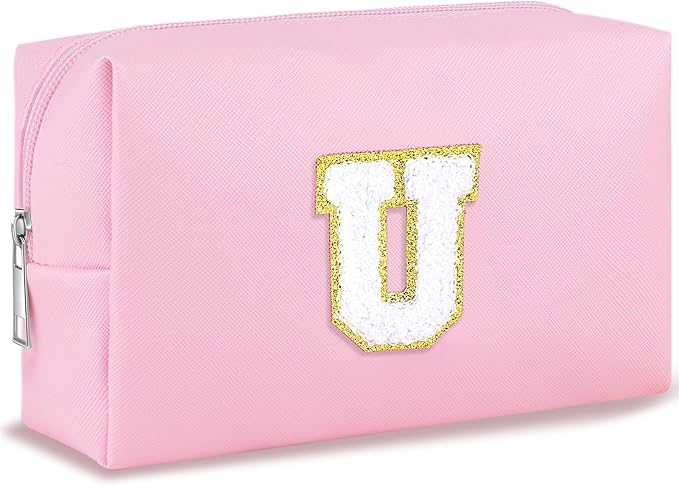 URSKYTOUS Initial Makeup Bag Personalized Preppy Travel Small Cosmetic Bag Cute PU Pink Chenille Letter Makeup Pouch for Purse Waterproof Zippered Toiletry Organizer for Women Girls Kids Friends(U)