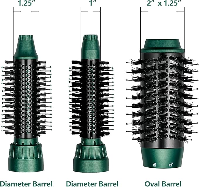 3 in 1 Hair Dryer & Volumizer, Ceramic Negative Ion Curling Dryer Styler with 3 Interchangerable Brush Heads (Green)