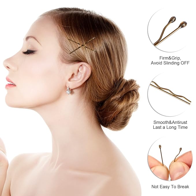 2" Bobby Pins in case - 400 Pcs Gold Hair Pins Clips Bulk for Women - Mini Strong Hold Bun Pins for All Hairstyle (Thin/Thick/Curly/Straight) - Hair Accessories for Styling, Updos, Daily Use