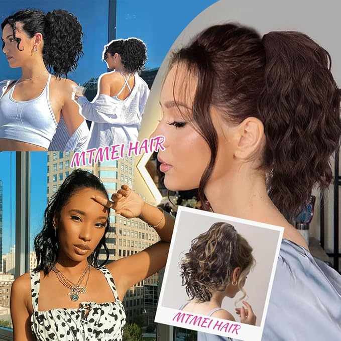 Short Deep Wave Drawstring Ponytail for Women 10 Inch Medium Brown Curly Hair Extension Deep Curly Wave Hair Pony Tails Hair Extensions for Daily Use (#4)
