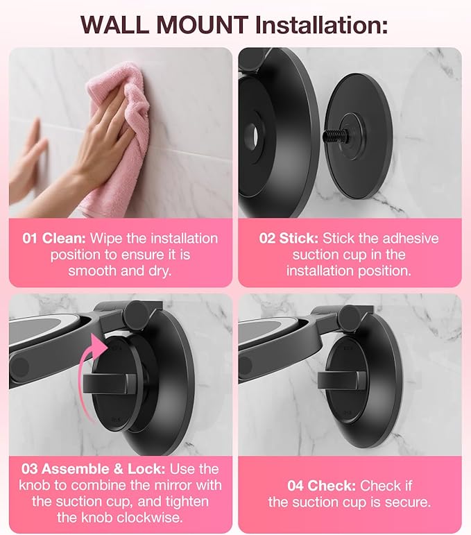 Benbilry Suction Cup Magnifying Mirror with Light 10X, Wall Mounted Makeup Mirror with Suction Cup for Bathroom, 3 Color Lights and Adjustable Brightness, 2 in 1 Tabletop for Desk - Black