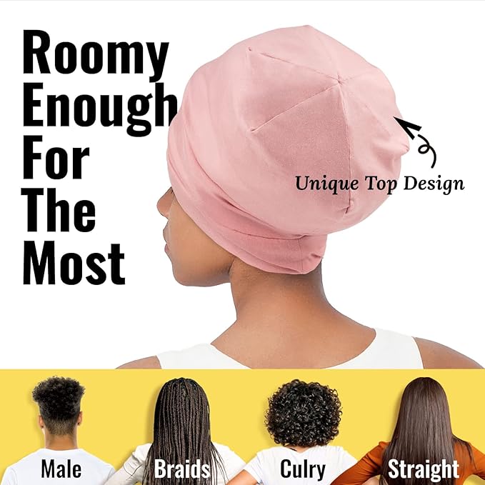 Satin Lined Sleep Cap Bonnet for Curly Hair and Braids, Stay On All Night Hair Wrap with Adjustable Strap for Women and Men, Black and Pink, Pack of 2