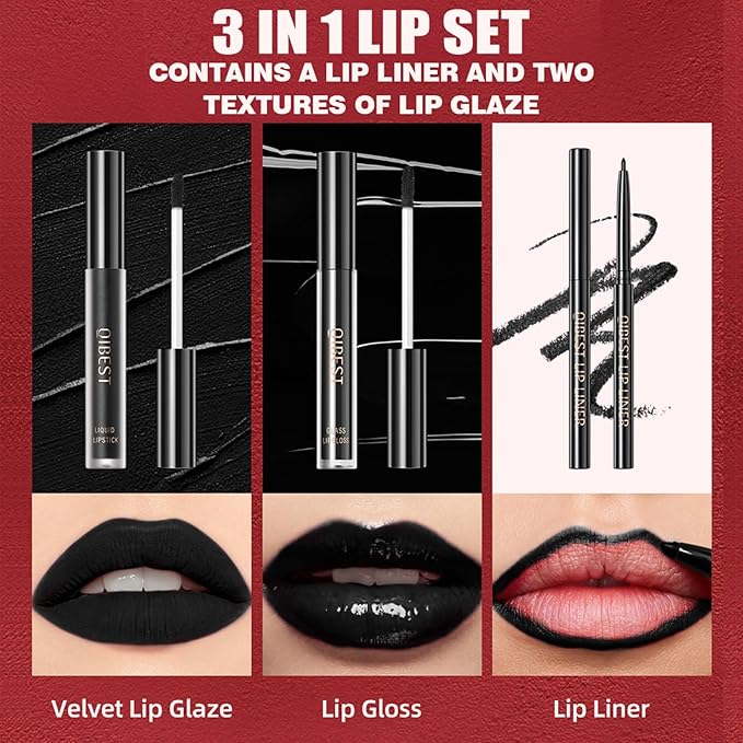 3pcs-Black Lipstick and Lip Liner Set Lip Kit,3 in 1 Velvet Lipstick Halloween Matte Liquid Lipstick Lip Gloss with Lip Pencil,Hydrating Lip Stain Lip Makeup（Black）