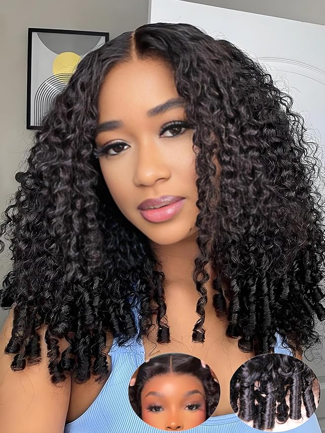 ORIGINAL QUEEN Burmese Curly Wear and Go Glueless Wig Human Hair Curly Texture with Finger Coil Ends Upgrade 9X6 T Part Pre Cut Lace Flip Over Beginner Friendly with Drawstring 180% Density 22 Inch