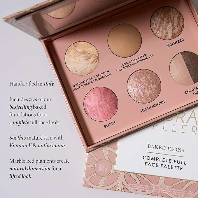 LAURA GELLER Baked Icons Complete Full Face Palette, Light | All-in-One Makeup Palette with Baked Foundations, Blush, Bronzer, Highlighter, Eyeshadows | Coverage for Mature Skin | Travel-Friendly